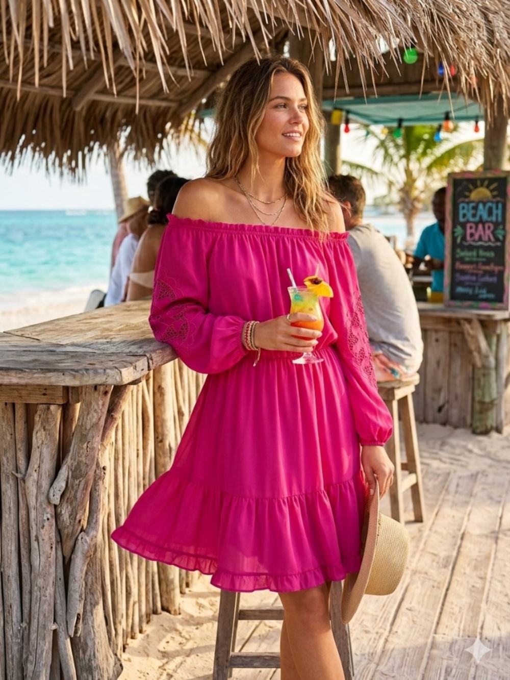 Le Gali/ Kobi Halperin fuchsia pink, off-the-shoulder lace-sleeve sun dress